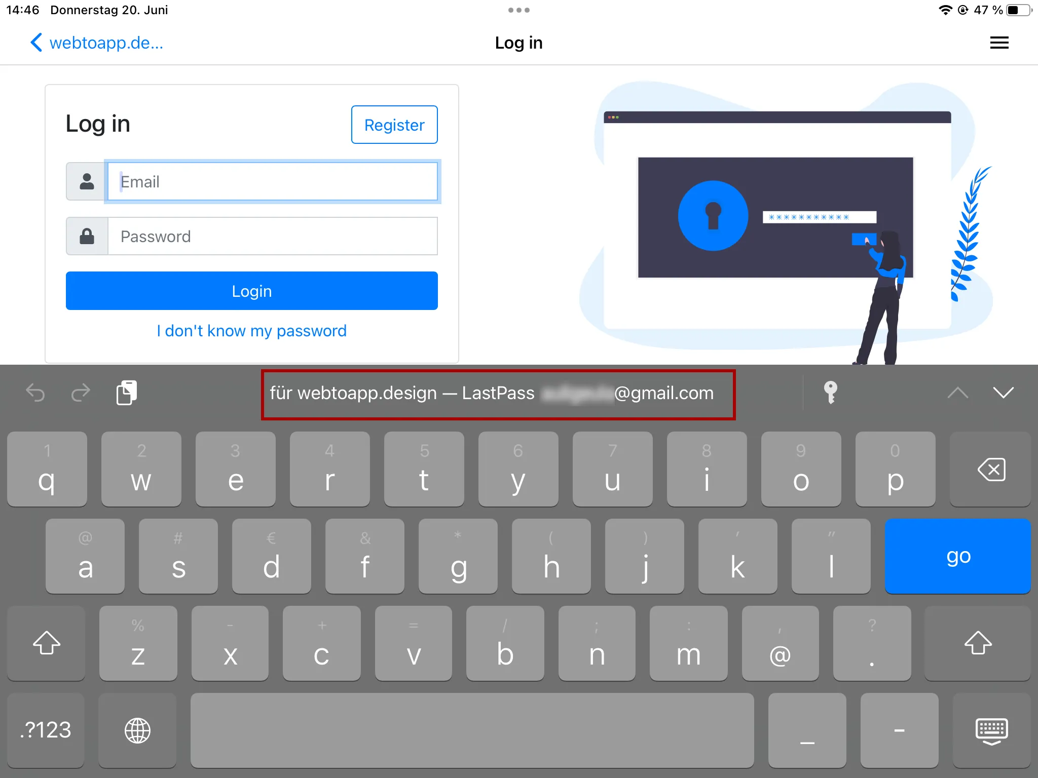 A screenshot of the iOS keyboard offering to automatically fill out the login details saved for the webtoapp.design app using LastPass.