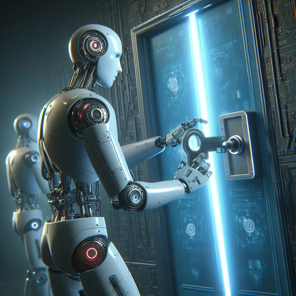 A humanoid robot unlocking a door, digital art