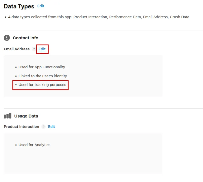 A screenshot of some of the data type cards with the one used for tracking highlighted.