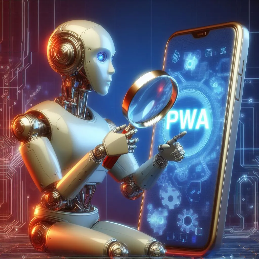 Un robot humanoide utiliza una lupa para mirar un smartphone. El smartphone muestra las letras PWA en él, arte digital