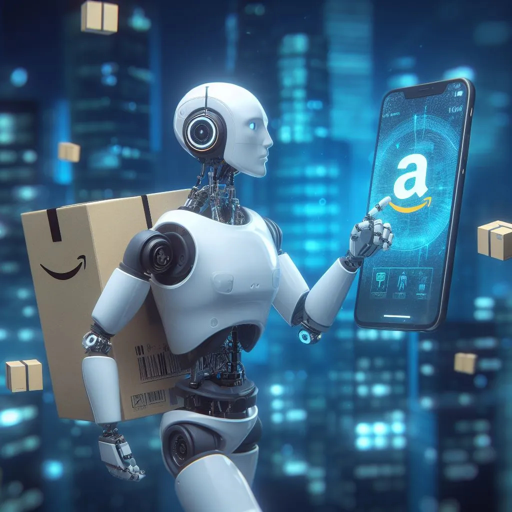 A humanoid robot delivering an app to amazon, digital art