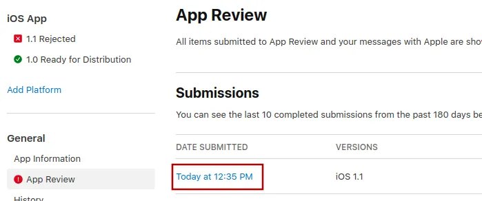 The list of submissions with the latest one highlighted.