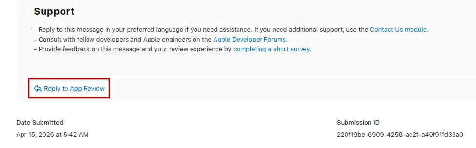 A screenshot of the Reply to App Review button below Apple's latest rejection message