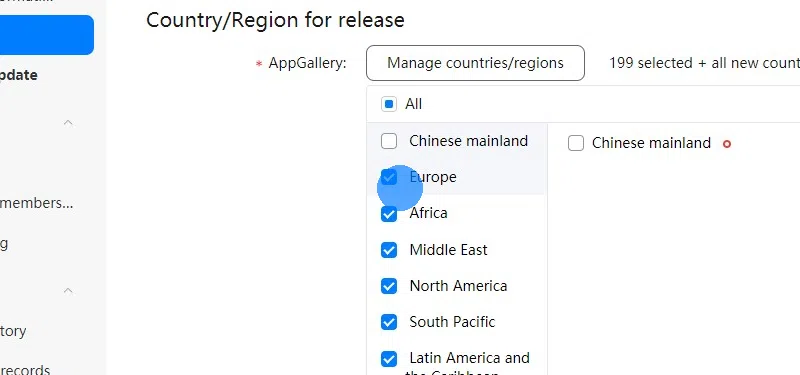 Select the regions you'd like to make your app available in.