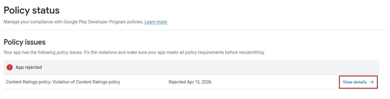 A screenshot of the view issue button in the policy center.