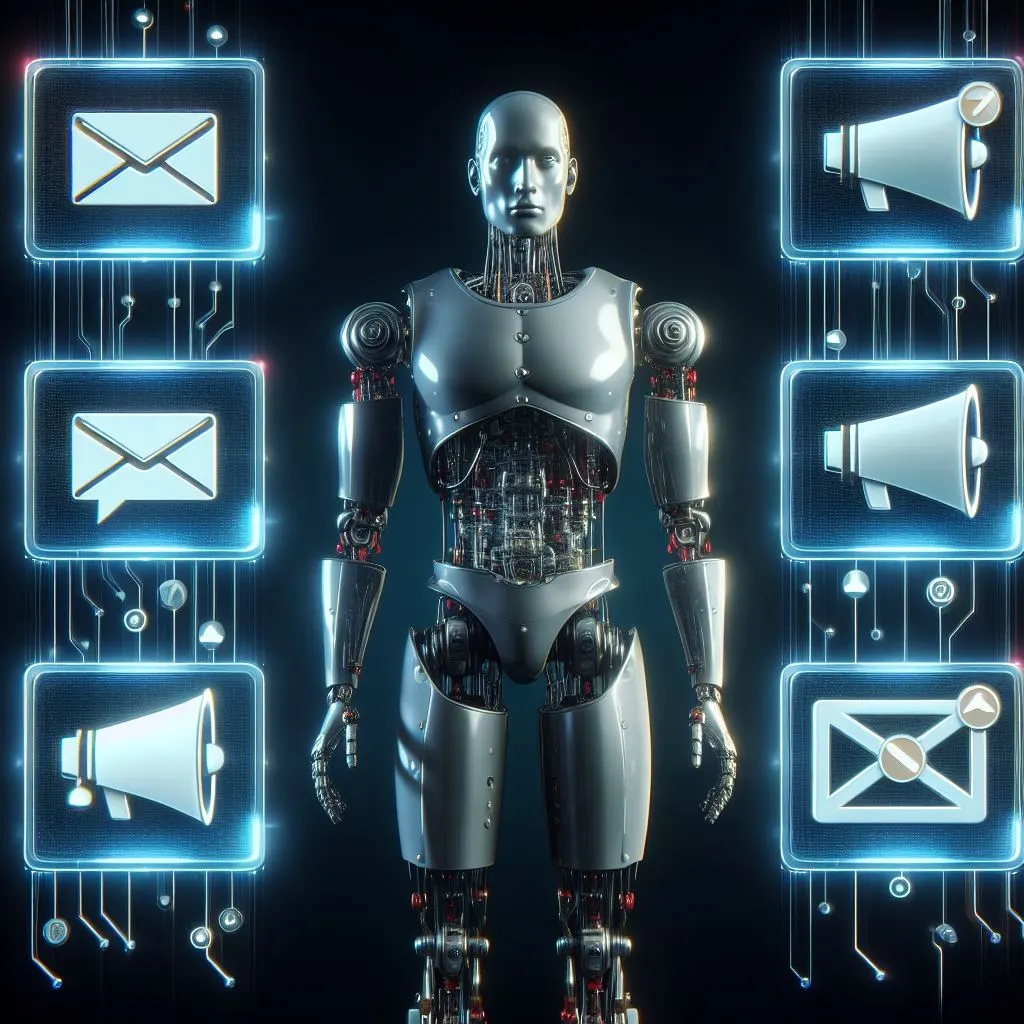 Un robot humanoide comparando diferentes métodos de envío de notificaciones push, arte digital