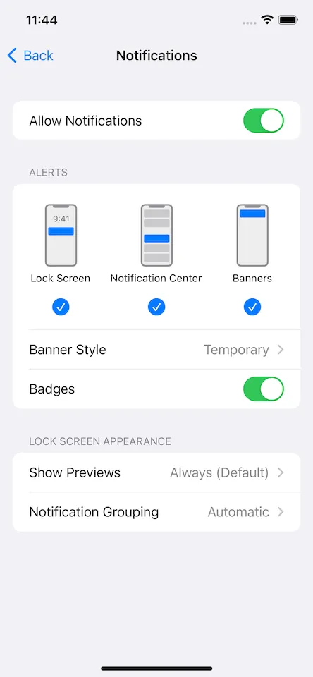 Une capture d'écran des paramètres de notification d'iOS.