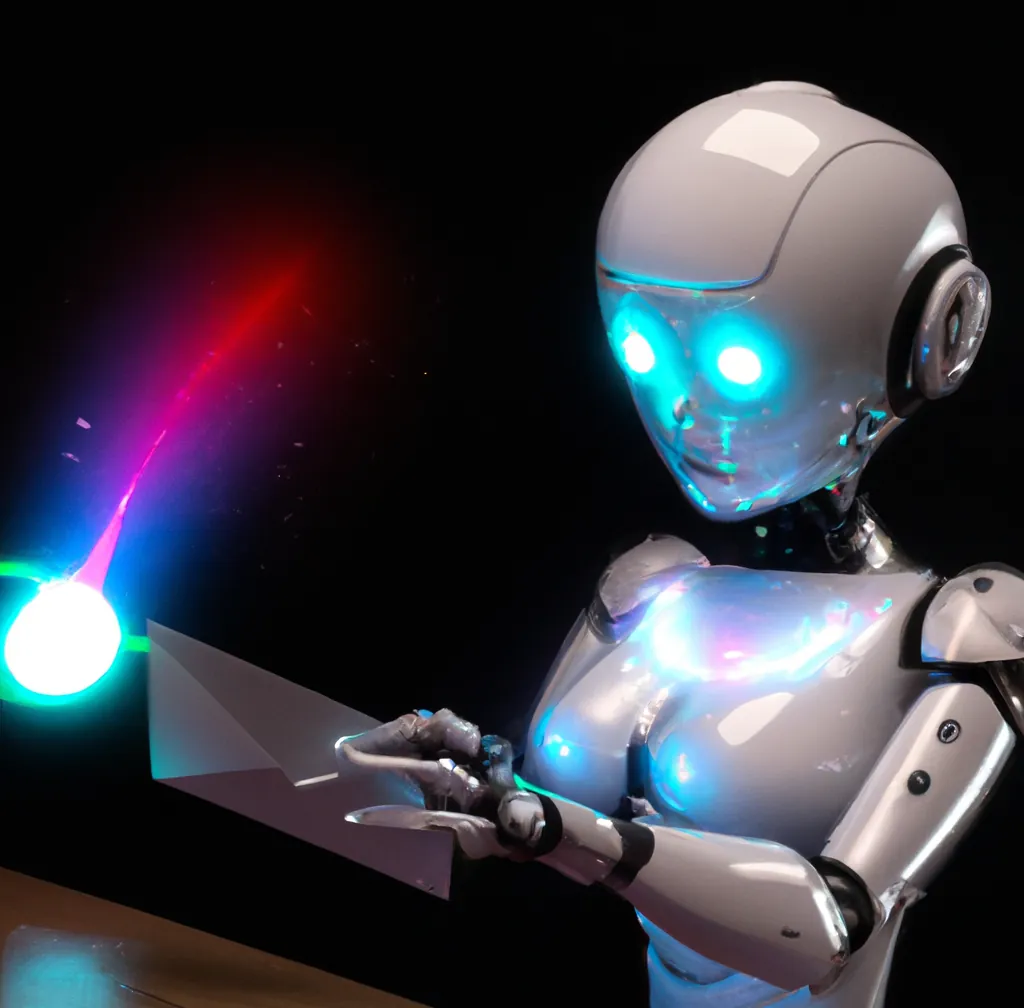 Een humanoïde robot krijgt een melding in een ruimteschip, digitale kunst
