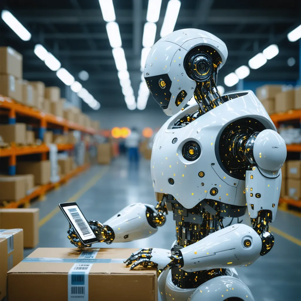 Un robot humanoïde enregistrant un nom de package sur une console de vérification, art numérique