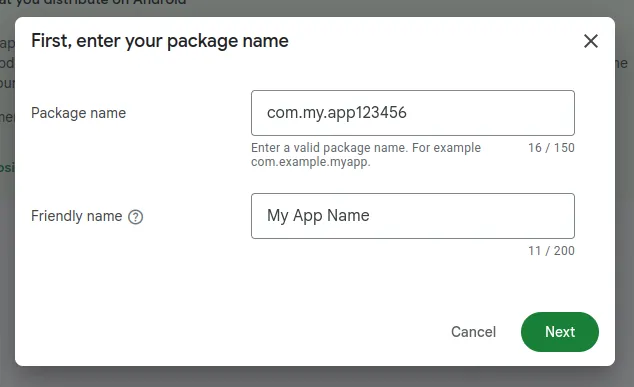 Une capture d’écran de la boîte de dialogue où vous pouvez saisir votre nom de package et le nom de l’application.