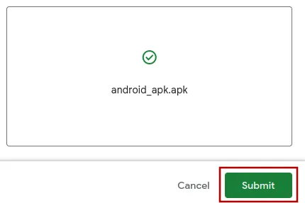 Una captura de pantalla del archivo apk subido con el botón de enviar resaltado.