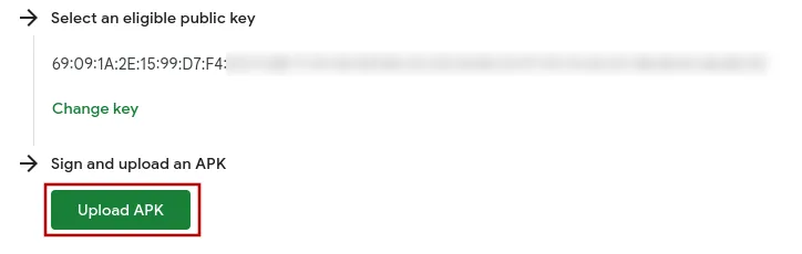 A screenshot of the upload apk button on the developer verification page.