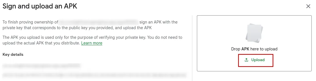 A screenshot of the sign and upload an apk dialog in the Play Console with the upload button highlighted.