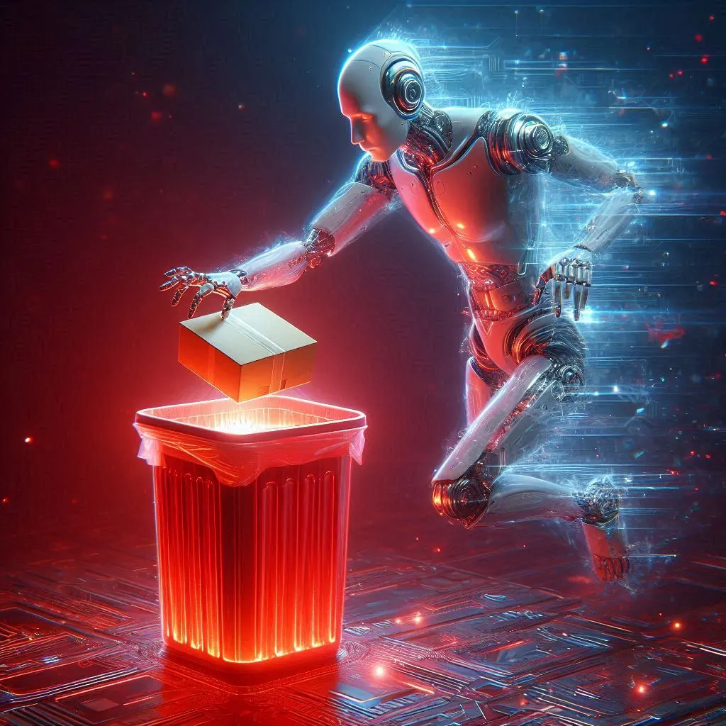 Um robô humanoide jogando um pacote em uma lixeira holográfica vermelha, arte digital