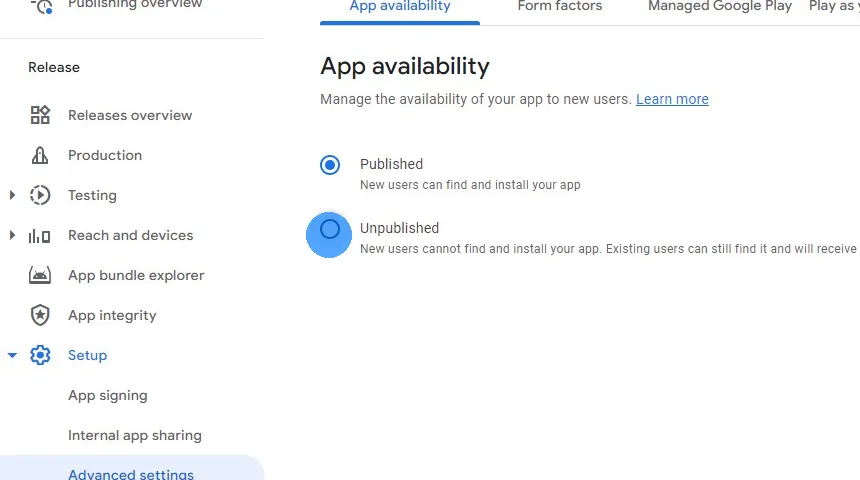 Wähle unter App-Verfügbarkeit "Unveröffentlicht" aus.