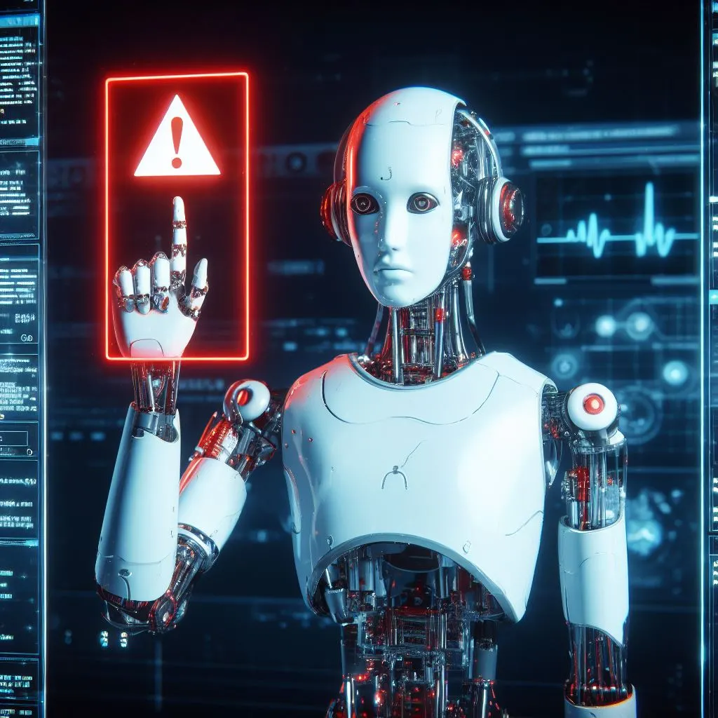 Un robot umanoide che segnala un errore, arte digitale