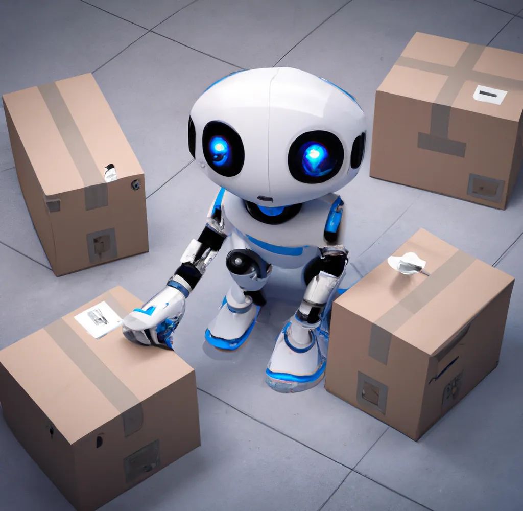 Un simpatico robot umanoide con gli occhi blu scuro che sceglie tra 3 diversi pacchetti sul pavimento di un ufficio, arte digitale