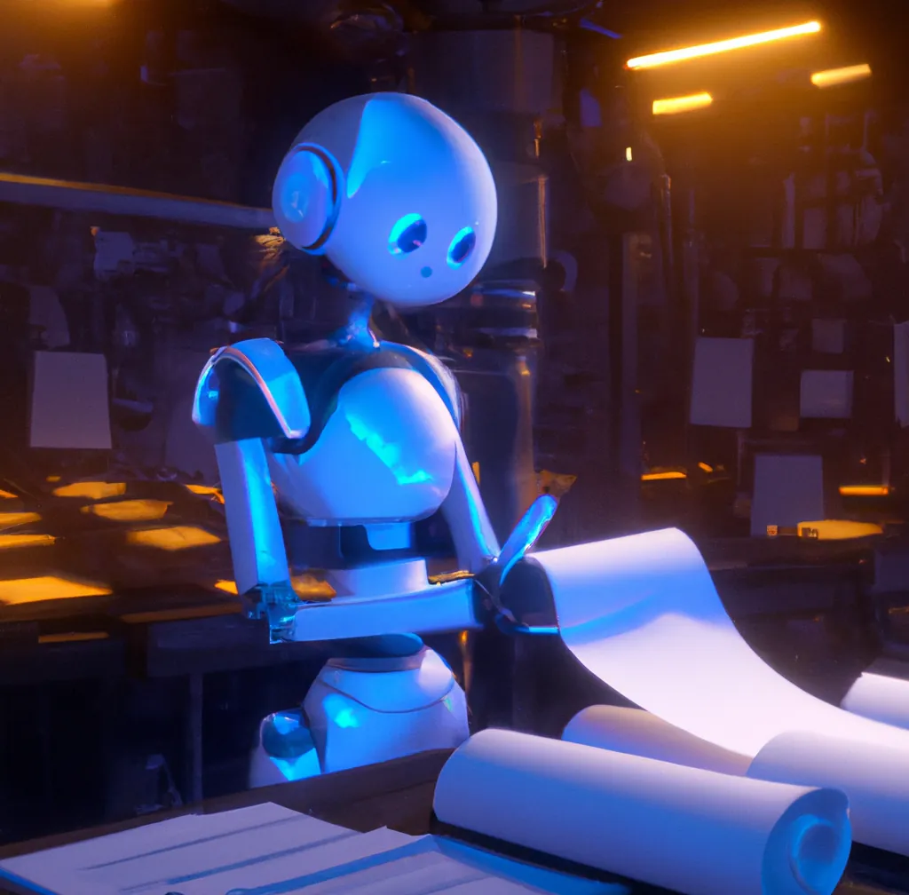 Ein niedlicher humanoider Roboter in blauem Licht, der einen Stapel Papiere in einer großen Fabrik unterschreibt, digitale Kunst