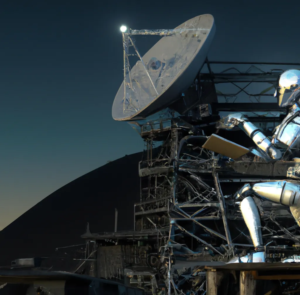 Een humanoïde robot werkt aan een grote satellietschotel, digitale kunst