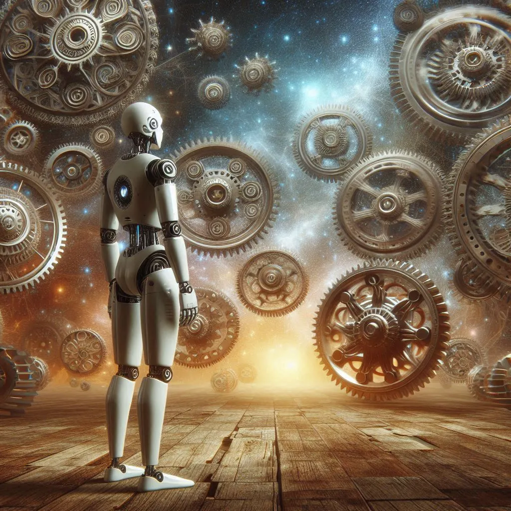 A humanoid robot looking at large turning gears, digital art