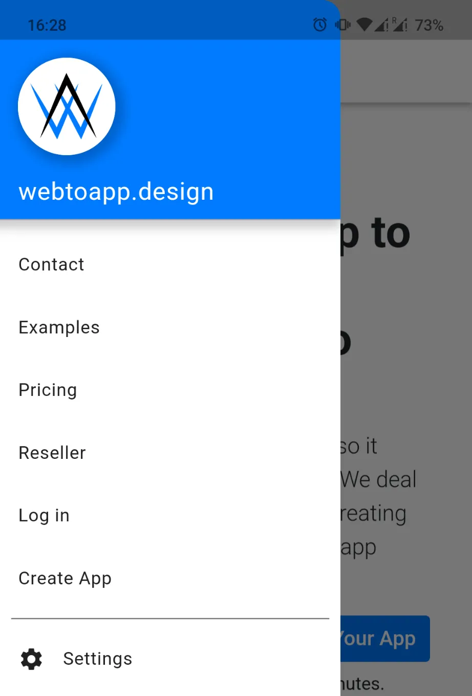 A screenshot of the webtoapp.design app's drawer menu with the settings menu item at the bottom left.