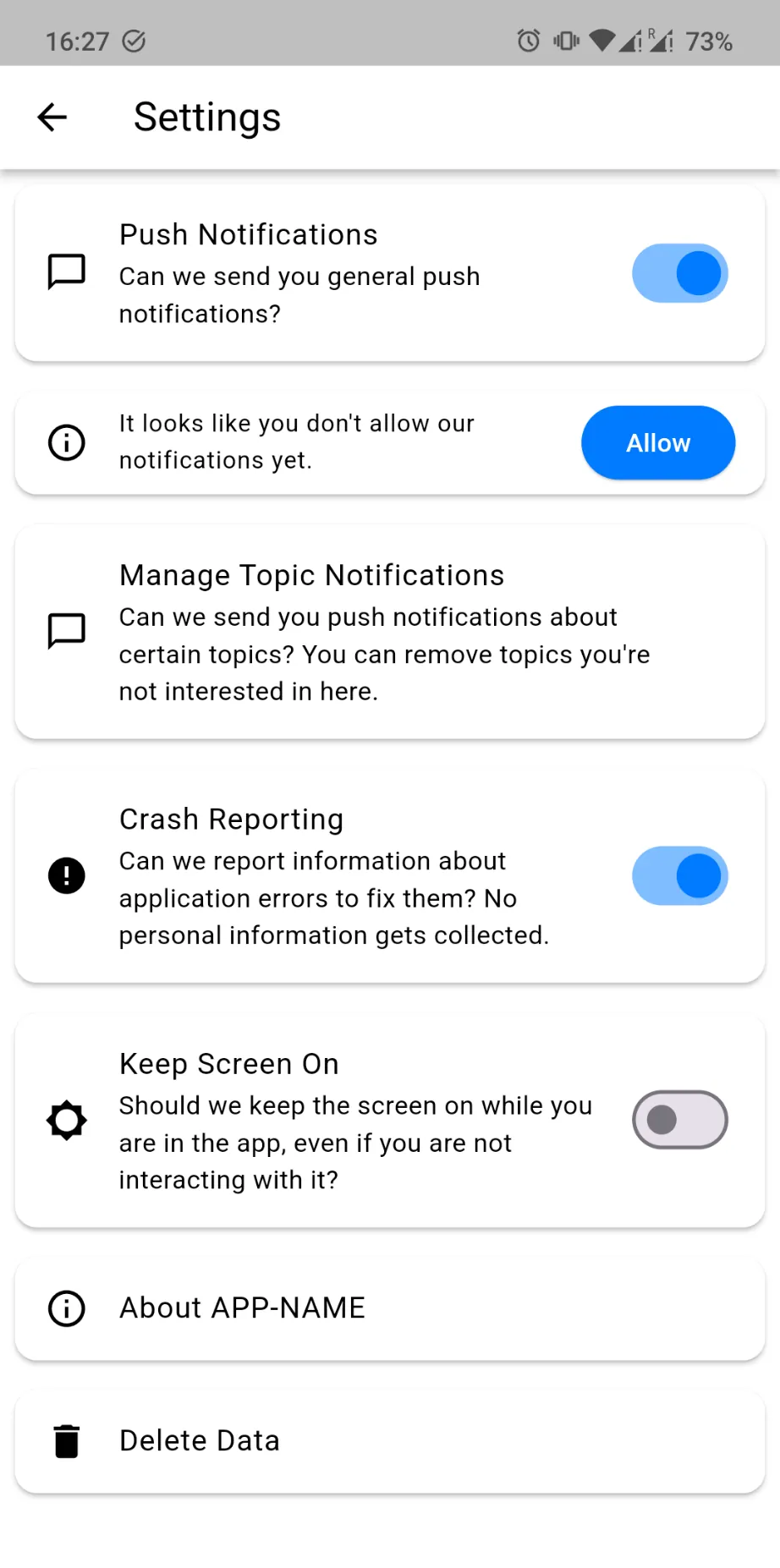 Uma captura de tela da página de configurações, mostrando interruptores para ajustar notificações push, relatórios de falhas, excluir dados do app e mais.