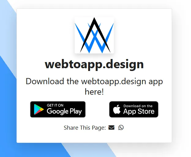 A screenshot of the landing page that links to the webtoapp.design app's Google Play and App Store listing.