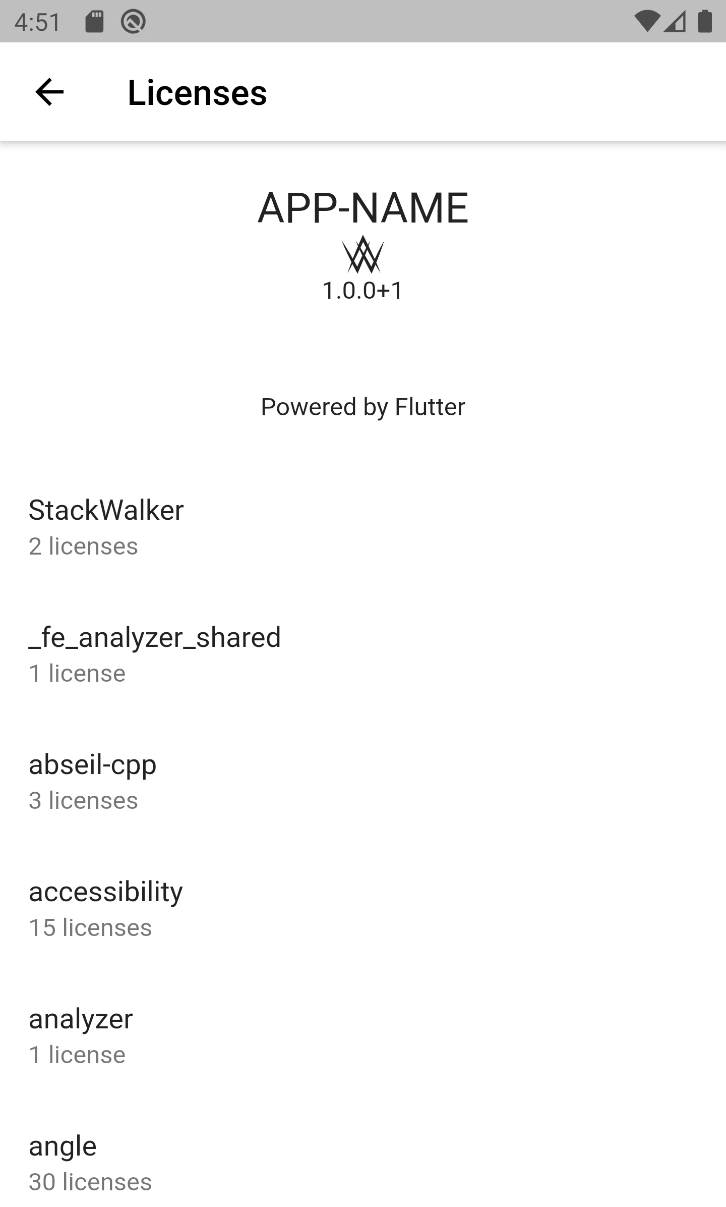 Een schermafbeelding van de pagina die de licenties in de app toont