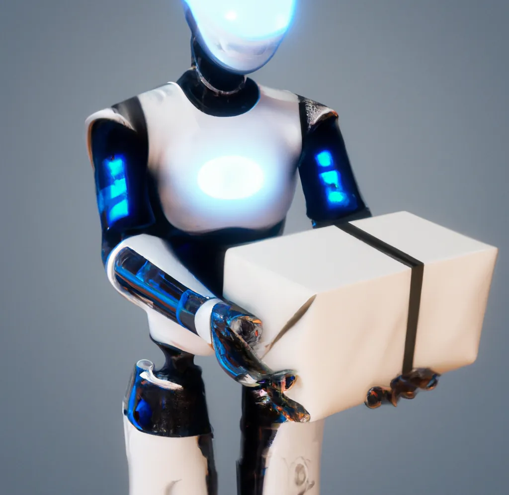 Ein niedlicher humanoider Roboter, der ein blau leuchtendes Paket überreicht, digitale Kunst