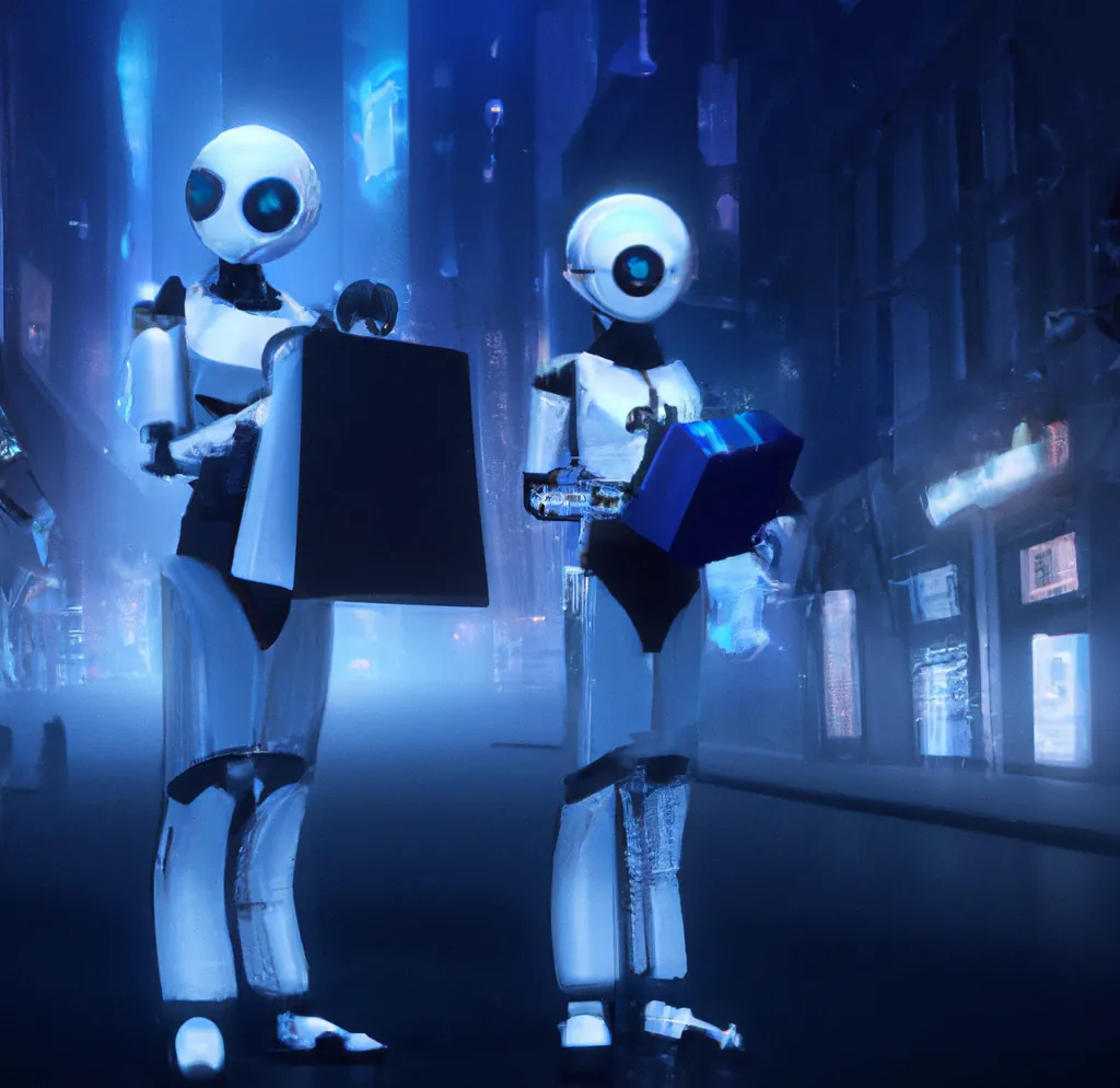 Två humanoida robotar med mörkblå ögon som håller ett paket med blått sken i en storstad, digital konst