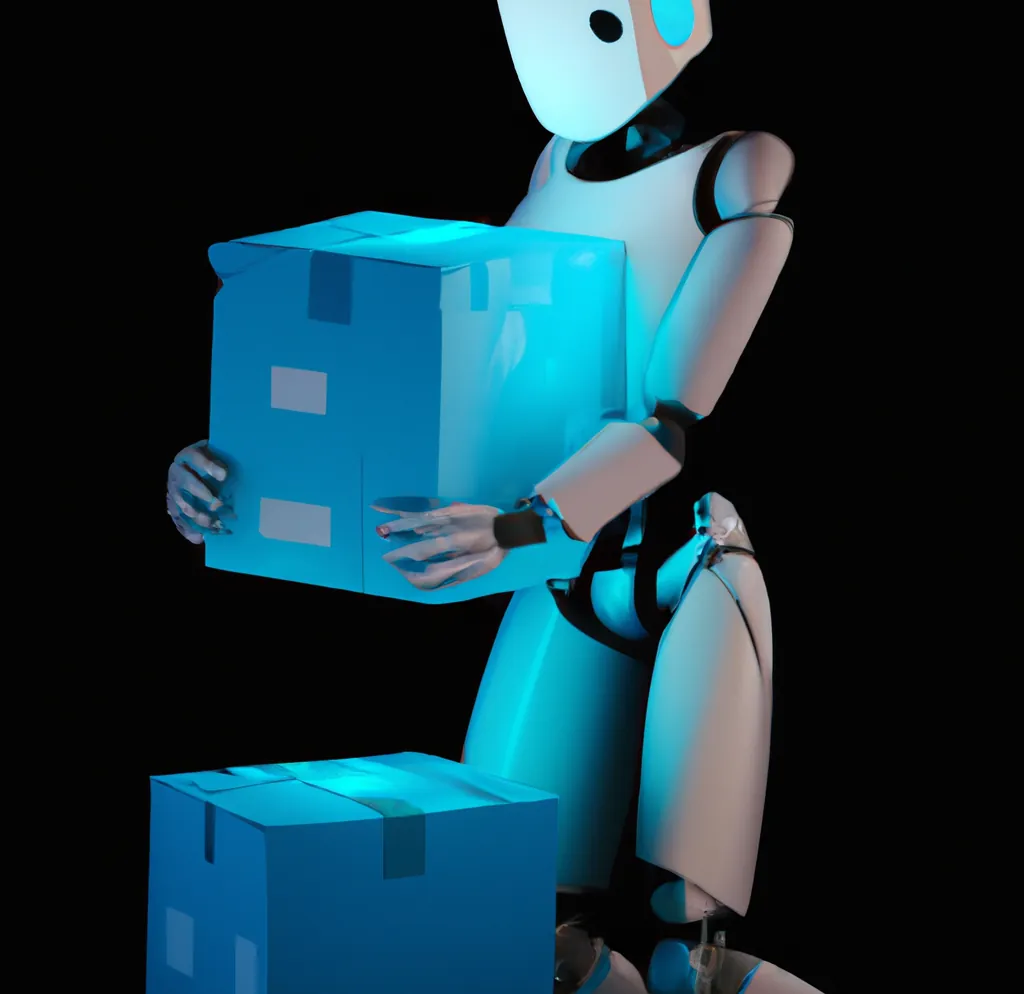Een schattige humanoïde robot die een pakket overhandigt met een blauwe gloed, digitale kunst