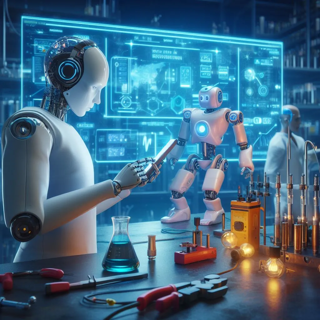 Un robot umanoide che testa un'applicazione in un laboratorio chimico con dei becher intorno, arte digitale