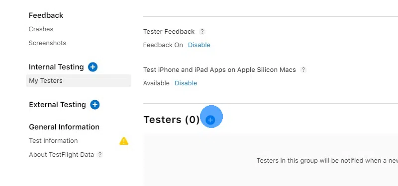 Clique no botão mais para adicionar um novo testador.