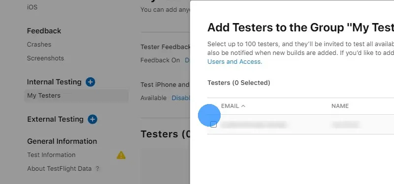 Du kannst jetzt Tester aus allen Nutzern auswählen, die Mitglieder deines Entwicklerkontos sind. In den meisten Fällen wirst du nur dein eigenes Konto und unser webtoapp.design-Konto sehen, es sei denn, du hast vorher weitere Nutzer hinzugefügt.