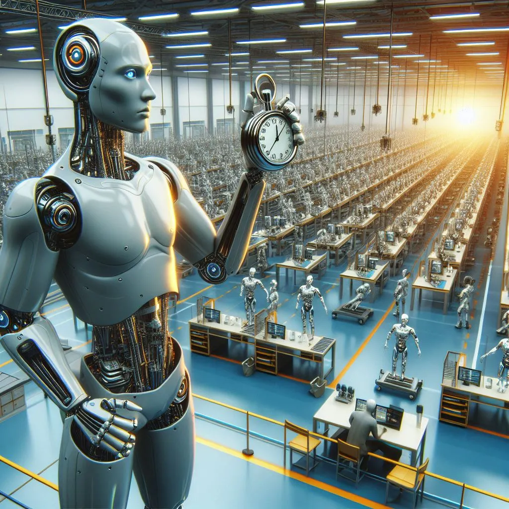 En humanoid robot med ett fysiskt stoppur som övervakar ett fabriksgolv med robotar som arbetar vid skrivbord, digital konst