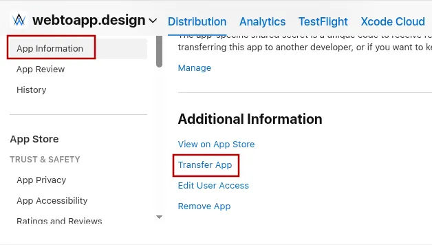 Een schermafbeelding van het gedeelte Additional Information in App Store Connect, waarop de knop Transfer App is gemarkeerd.