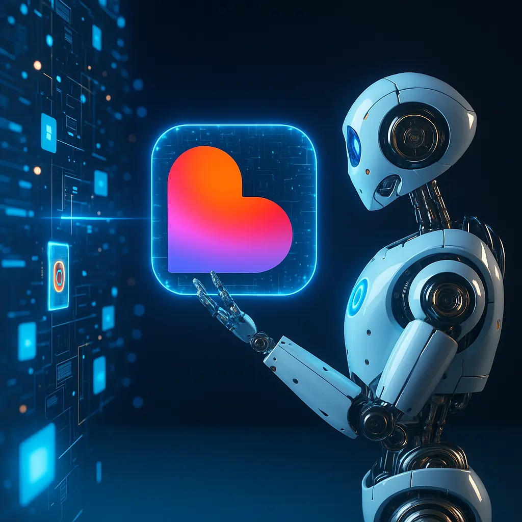 A humanoid robot pressing a floating play button with a blue glow, digital art