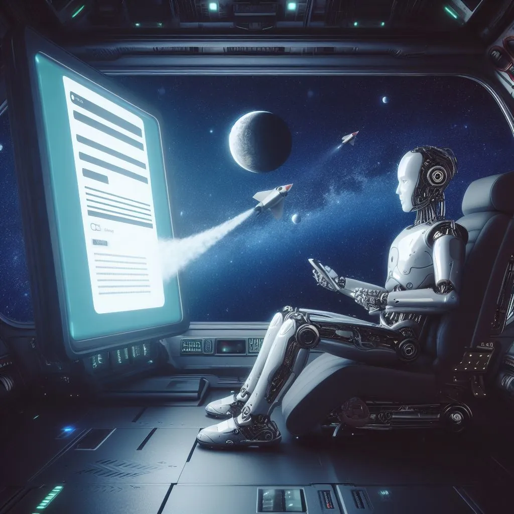 Un robot umanoide che converte un sito web in un'app in un'astronave, arte digitale