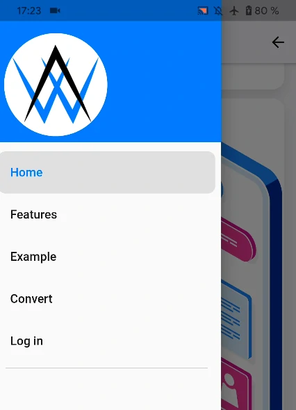 The drawer menu of the webtoapp example app with our main navigation links and our logo at the top