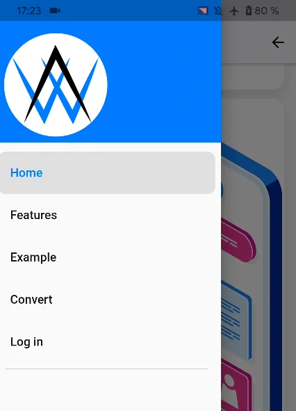 El menú desplegable de la app de muestra de webtoapp con nuestros principales enlaces de navegación y nuestro logo en la parte superior