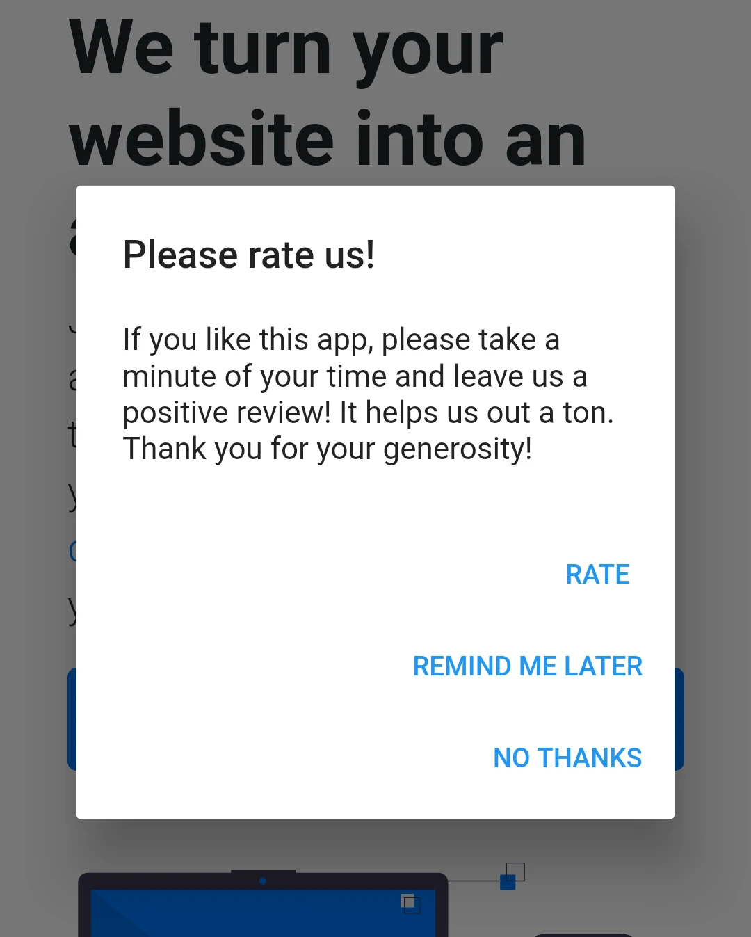 Uma mensagem pop-up do Android pedindo ao usuário para, por favor, deixar uma avaliação. O usuário é apresentado com 3 botões: avaliar, lembre-me mais tarde e nunca.