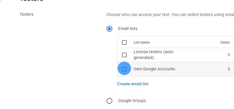 Tick the checkbox next to the list of testers that you just created.