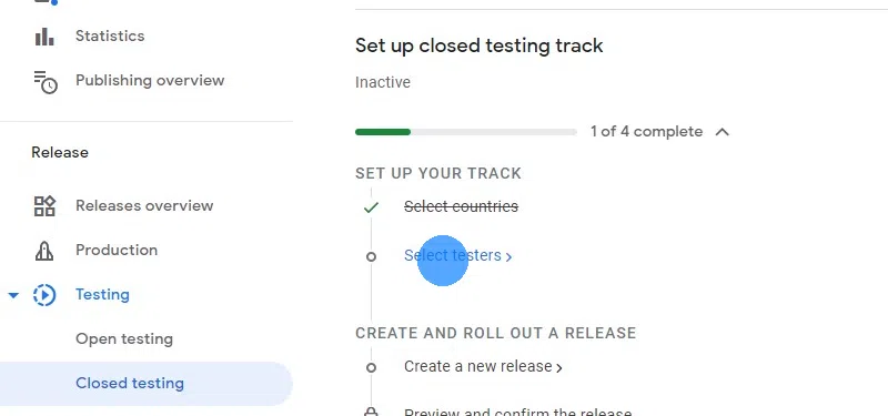 Continua con lo step successivo: "Select testers" (Seleziona i tester).