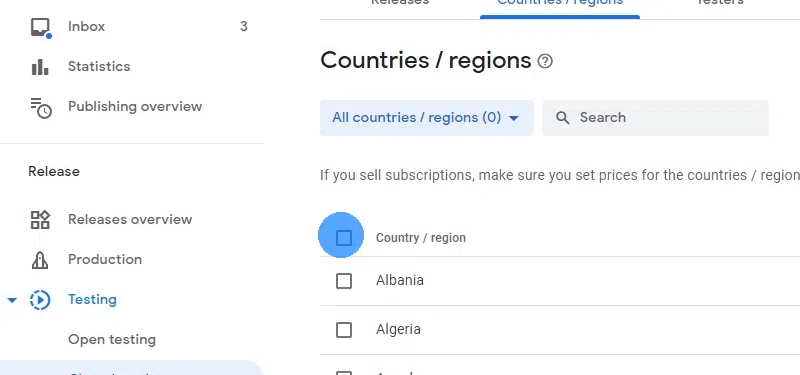 Recomendamos adicionar todos os países para que você possa ter testadores de todo o mundo, o que facilita a localização de 20 pessoas.