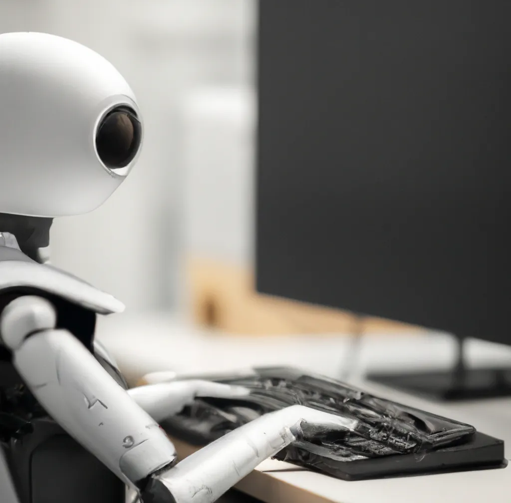 Un simpatico robot umanoide che scrive su una tastiera in un ufficio ben illuminato. Visto da dietro a sinistra, arte digitale