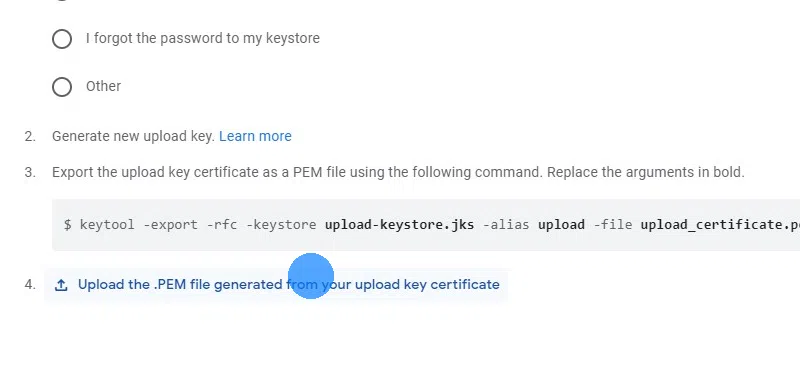 Clicca su  "Upload the .PEM file generated from your upload key certificate" (Carica il file .PEM generato dal certificato della tua chiave di caricamento).