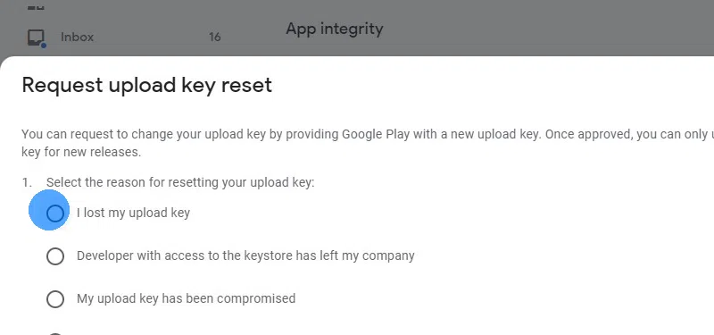 Select the reason why you need to reset your key.