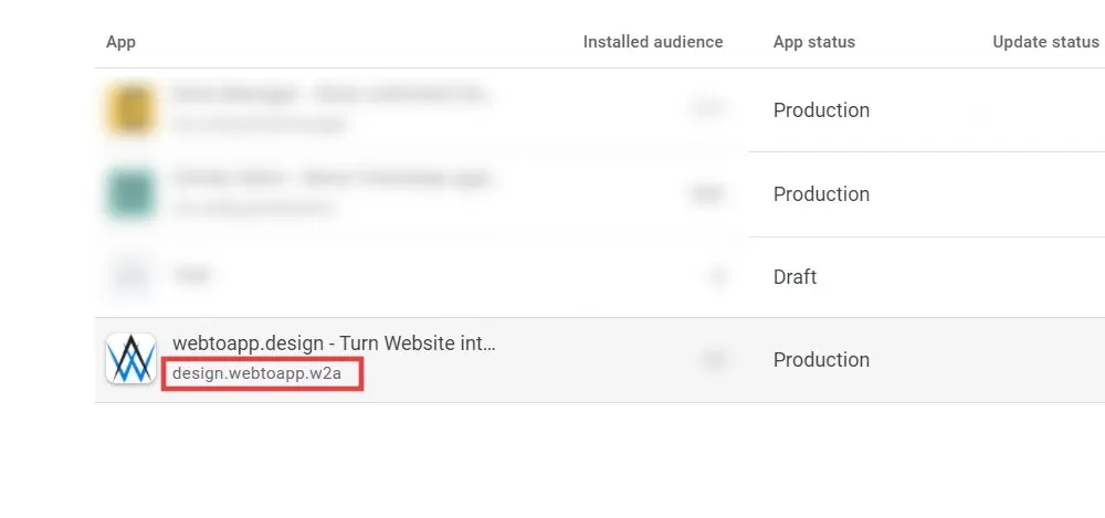 The package name highlighted in a screenshot. In this case design.webtoapp.w2a
