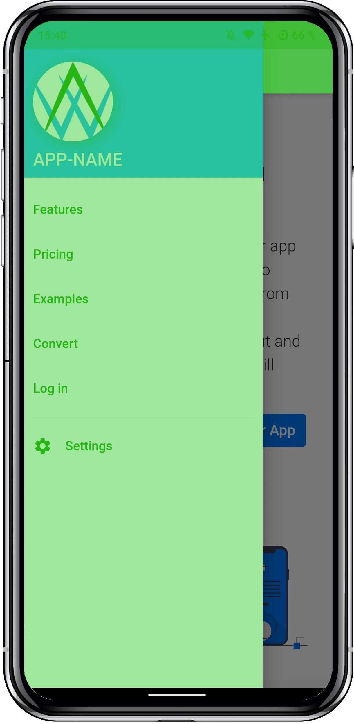 Een schermafbeelding van onze app met de 'voetmenu' indeling.