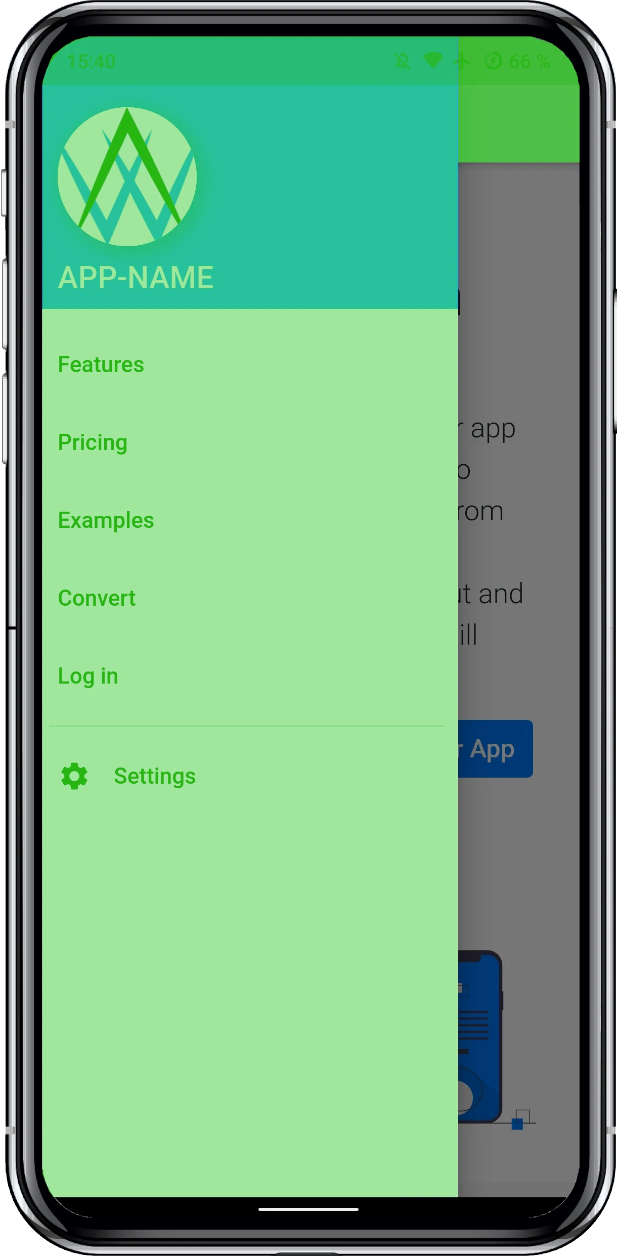 Ein Screenshot unserer App mit dem 'Seitenmenü'-Layout.